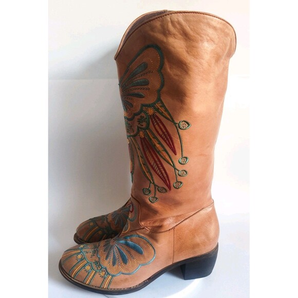 L'Artiste Knee High Tall Boots 10.5 - 11 / 42 Leather Embroidered Riding Boho - Picture 6 of 15